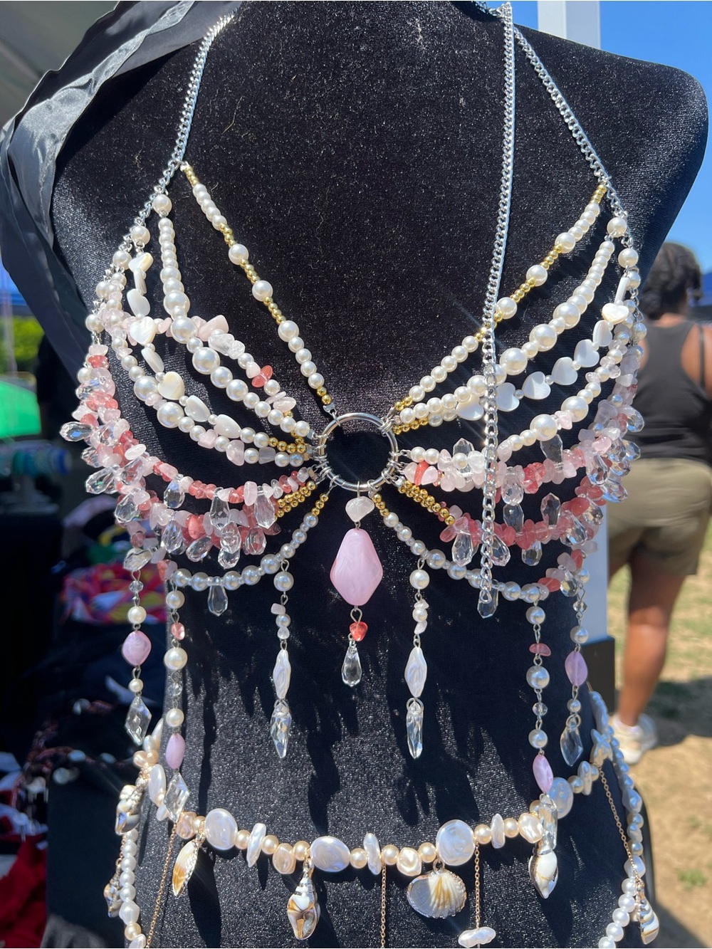 Handmade Pink Pearl and Crystal Body Chain Necklace